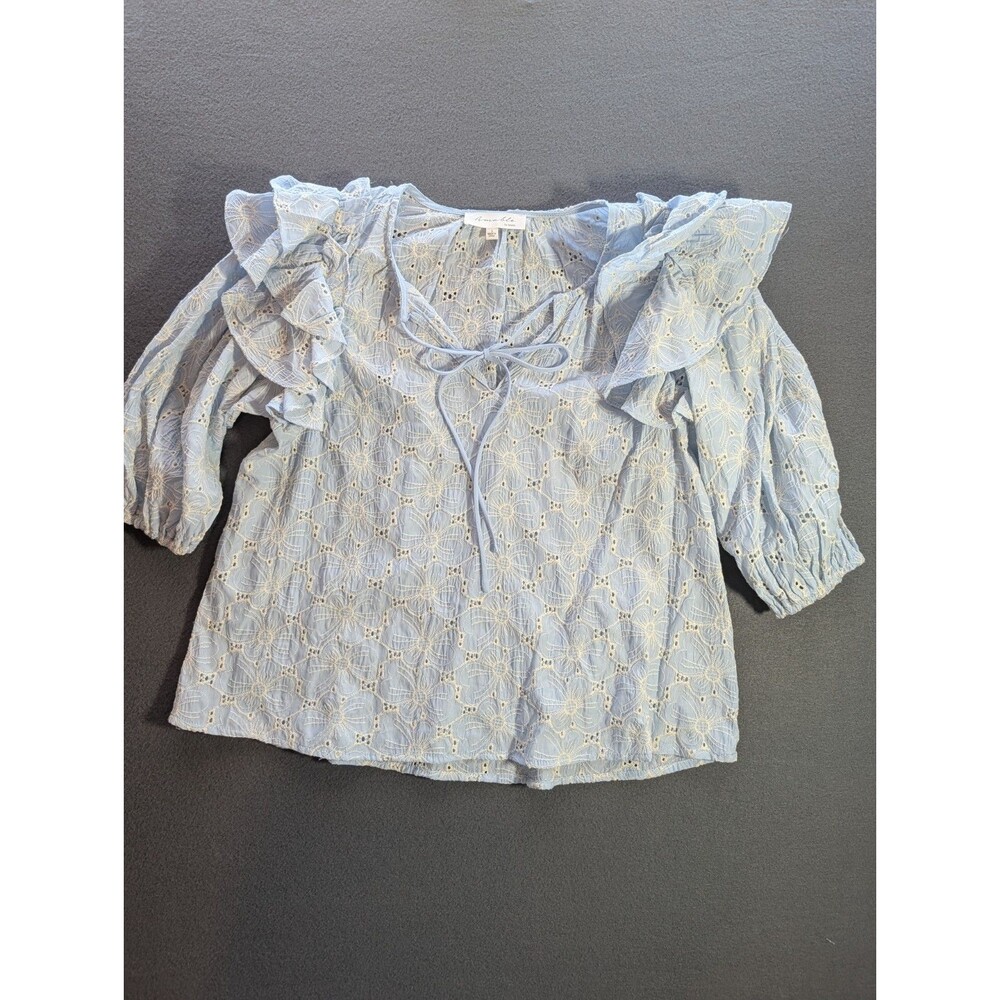 Amable by Mable Womens L Blue Floral Eyelet Embroidered Ruffle Blouse Boho